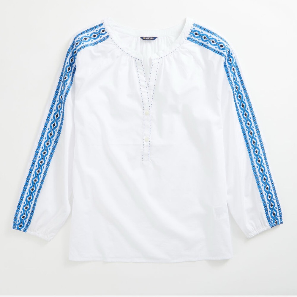 Nautica White and Blue Embroidered Top Women’s Size Small